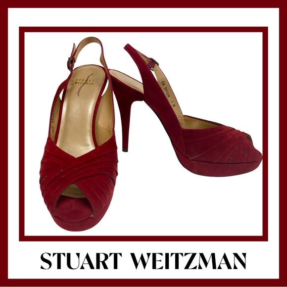 STUART WEITZMAN Burgundy Suede Stiletto Heel Shoe Platform Peeptoe 9 NEW - Picture 1 of 9